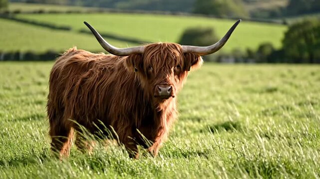 A majestic Highland cow with huge horns stands peacefully in a bright green grassy meadow as the afternoon sun casts a warm golden glow across the rolling hills of the Scottish highlands