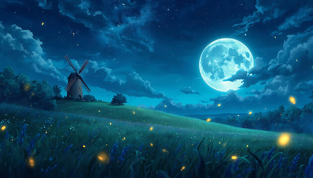 Magical anime style countryside landscape with windmill under starry night sky. Full moon glowing over green hills with fireflies in rural field background