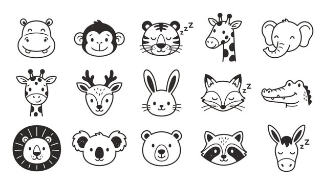 Cute animals vector illustration set featuring line art doodle faces of tiger, lion, elephant, giraffe, monkey and forest creatures.
