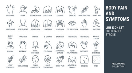 Naklejka premium Body Pain and Symptoms Icons Set – Editable Stroke Collection 