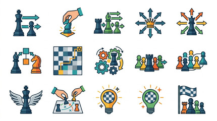 Chess Strategy Icons and Symbols Representing Tactics and Planning. © Tony