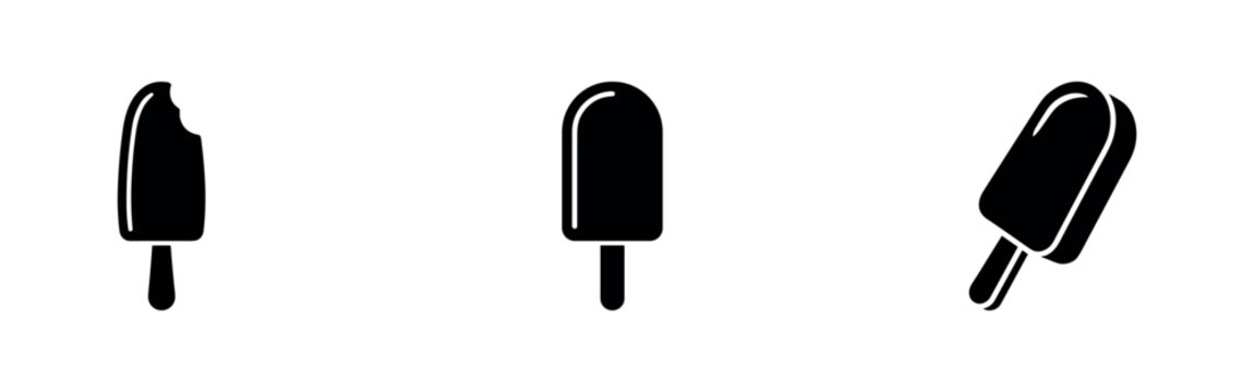 Ice Cream Bar Icons Set. Black Silhouette of Popsicle with Bite Mark, Sweet Frozen Treat Symbol.