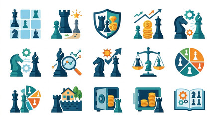 Chess Strategy Icons Representing Business Concepts and Decision Making. © Tony