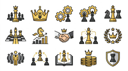 Chess Strategy Icons Representing Business Concepts and Success. © Tony