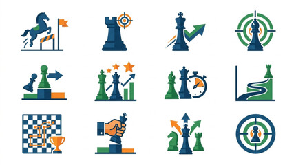 Chess Strategy Icons Representing Business Goals and Success. © Tony