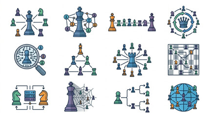 Chess Strategy and Business Network Concepts Illustrated with Icons. © Tony