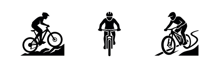 Fototapeta premium Mountain Biker Icon Set. Black silhouettes of cyclists riding off-road, perfect for sports and adventure themes.