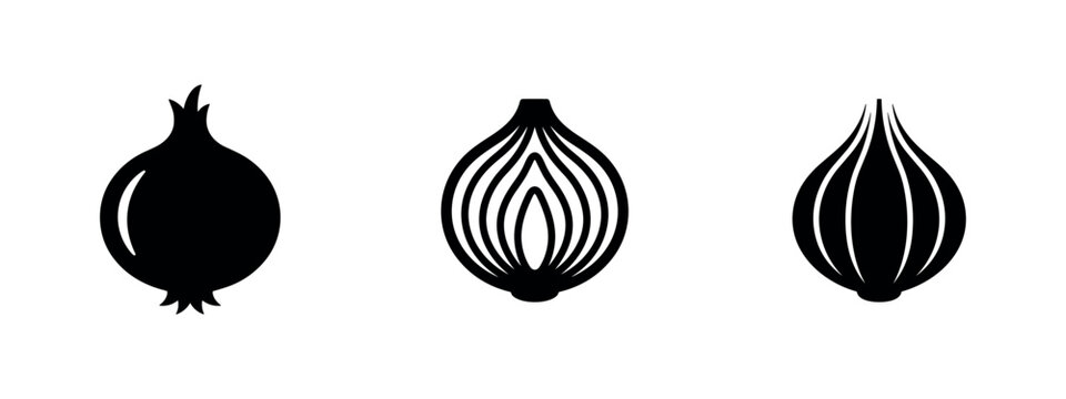 Onion and Shallot Icon Set. Black silhouettes of various onion types for cooking and grocery designs.