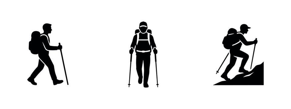 Hiker Icon Set. Black silhouettes of people trekking with backpacks and poles, for outdoor adventure and travel.