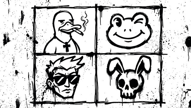 Grunge graffiti stencil vector icon set featuring a smoking duck smiling frog cool man and rabbit skull character silhouettes