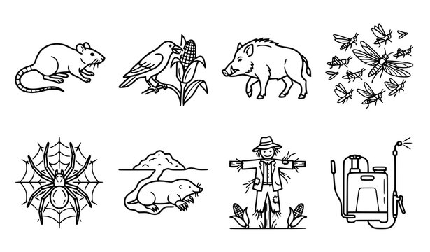 Farm Pest and Crop Protection Outline Vector Collection for Agriculture Education
