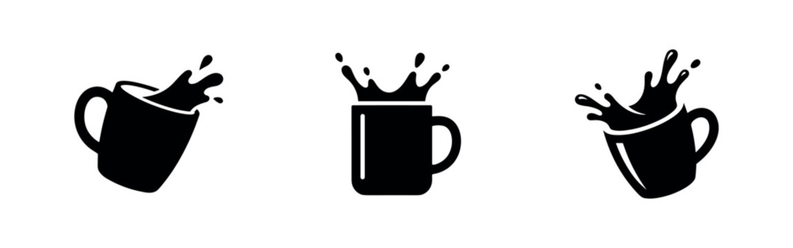 Splashing Mug Icon Set. Black silhouettes of mugs with liquid spilling, perfect for energetic drink concepts.