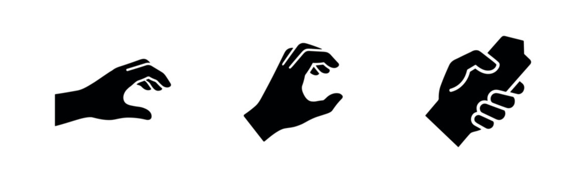 Set of grasping hand icons, symbols for holding, grabbing, or gripping objects.