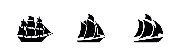 Tall ship and schooner icons set. Vintage sailing vessels in black silhouette. © Lili
