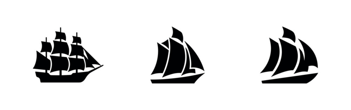 Tall ship and schooner icons set. Vintage sailing vessels in black silhouette.