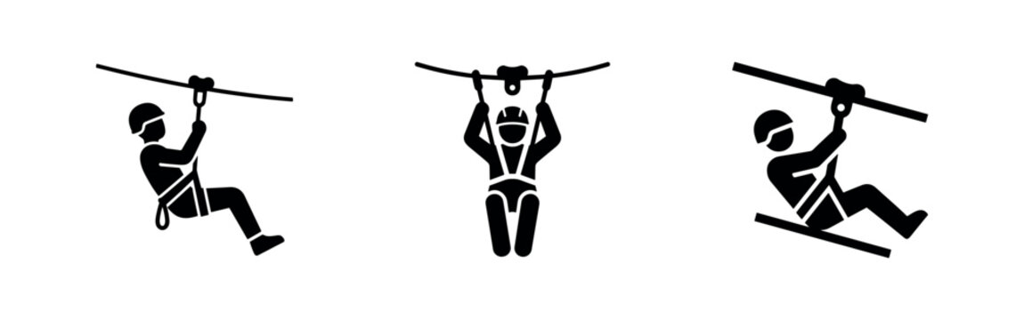 Zip line activity icons set. People enjoying outdoor adventure and fun.