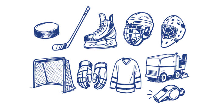 ice hockey winter sport element collection hand drawn doodle icon set vector illustration