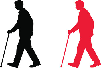 Naklejka premium Black and red silhouettes of a man walking with a cane