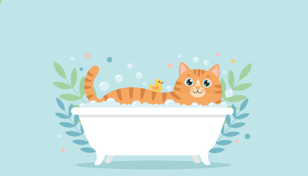 Adorable orange tabby cat relaxing and taking a warm bubble bath in a classic white tub with a yellow rubber duck.