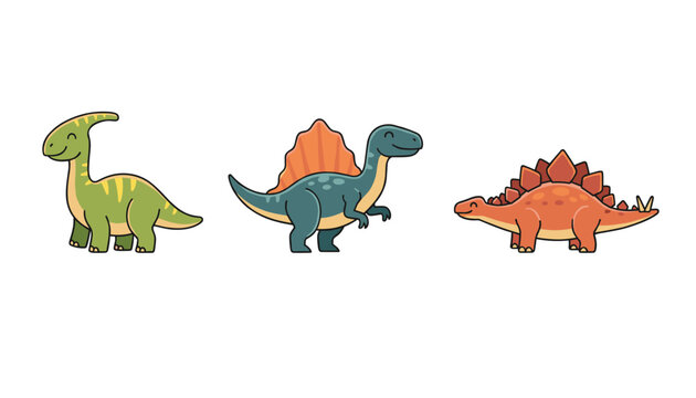 Adorable illustration of three colorful cartoon dinosaurs featuring a Parasaurolophus, Spinosaurus, and Stegosaurus.