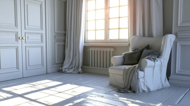 Bright and Cozy Interior of a Modern Living Room Featuring an Elegant Armchair and Warm Sunlight Streaming Through Large Windows