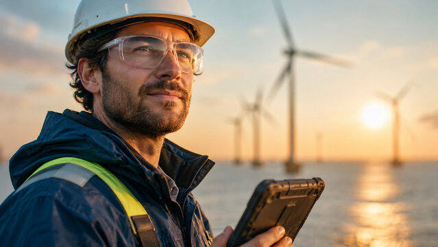 Offshore wind farm engineer holding a rugged tablet at sunset