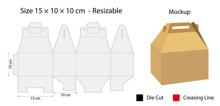 Snap Lock Bottom Gable Box Packaging Template with Handle, Die Cut Keyline Vector for Gift and Kids Meal Box