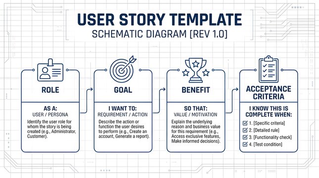 Schematic diagram of agile user story template explaining role goal benefit and acceptance criteria steps