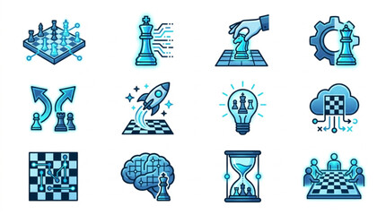 Chess Strategy Icons Representing Business Ideas and Decision Making. © We