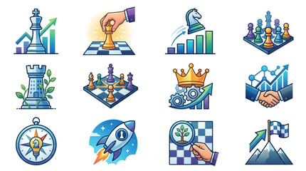 Chess Strategy Icons Representing Business Growth and Success. © We