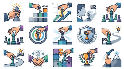 Chess Strategy Icons Representing Business Success and Planning. © We