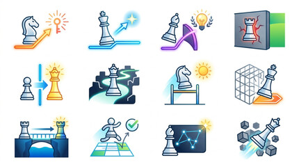 Chess Strategy Icons Set Representing Different Tactics and Concepts. © We