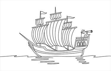 A hand drawn sketch of a classic wooden sailing ship with a captain looking through a telescope on the ocean © Kanu Art_Gallery