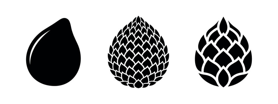 Hops cones icon set. Organic hop flowers or cones with texture in simple black silhouette vector illustration.