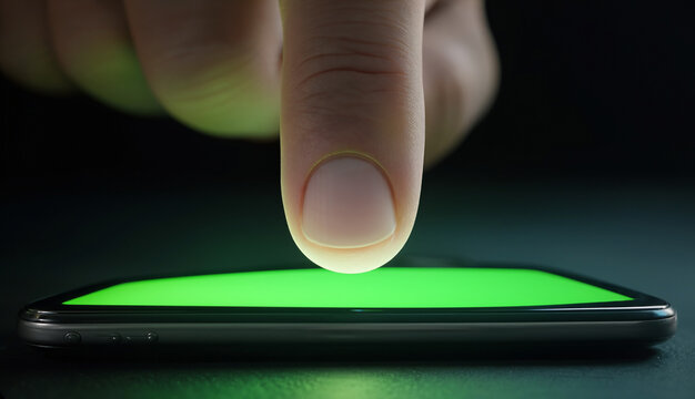 Close up of finger touching smartphone screen with green chroma key mockup display in dark background