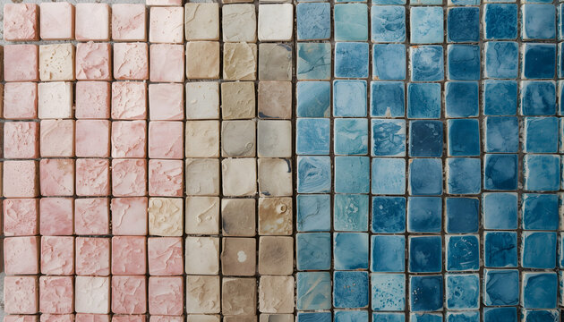 A neat grid of small handmade ceramic tiles, each showing a unique glaze texture