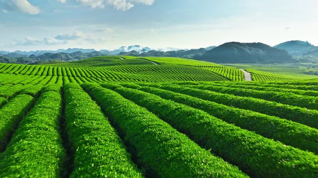 Aerial view of vast, rolling green tea plantations on a sunny day with hills and a bright sky in the background.