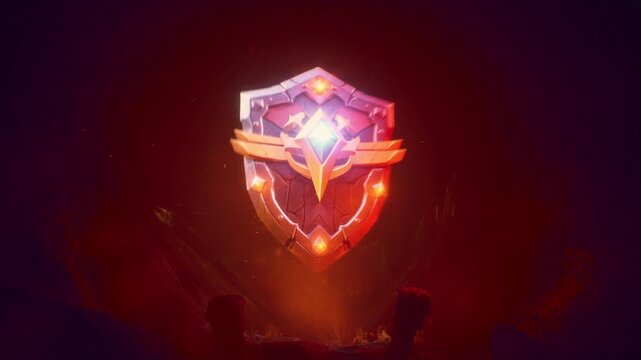 Stylized Knight Shield With Glowing Orange Eyes Energy In Dark Ritual Ruins