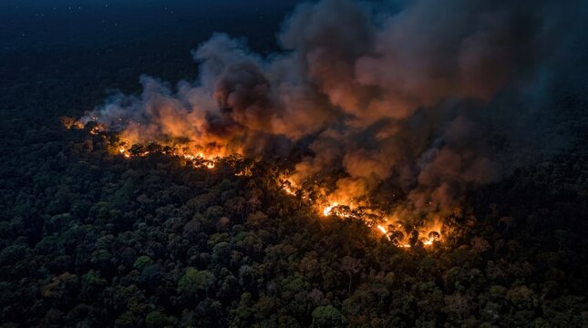 Aerial View of a Raging Forest Fire at Night.