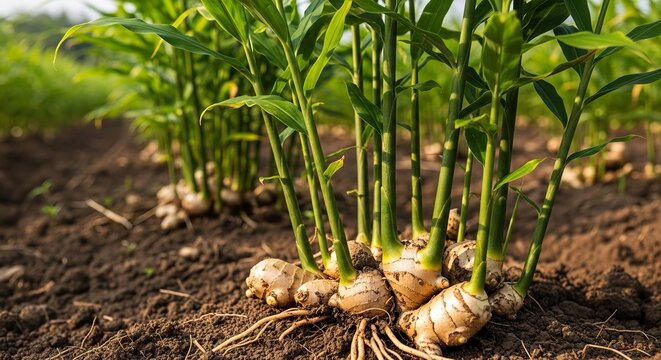 Fresh Ginger Growing in Fertile Soil Tropical Organic Agriculture Photography