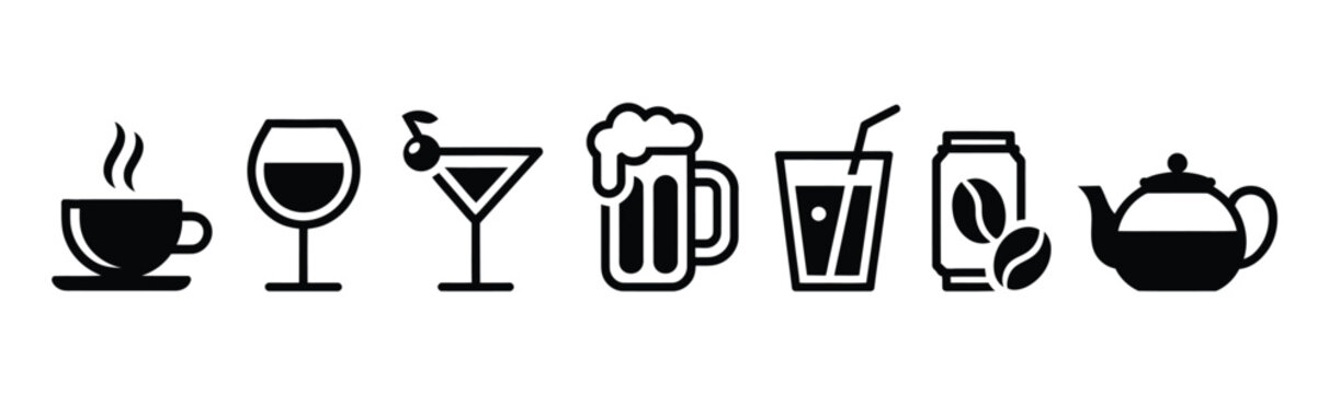 Beverage icon set, coffee mug, teacup, wine glass, martini, beer stein, soda can, teapot and coffee beans, simple black silhouette vector illustration.