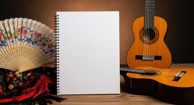 A blank spiral bound notebook rests beside an acoustic guitar, evoking inspiration for music and art.