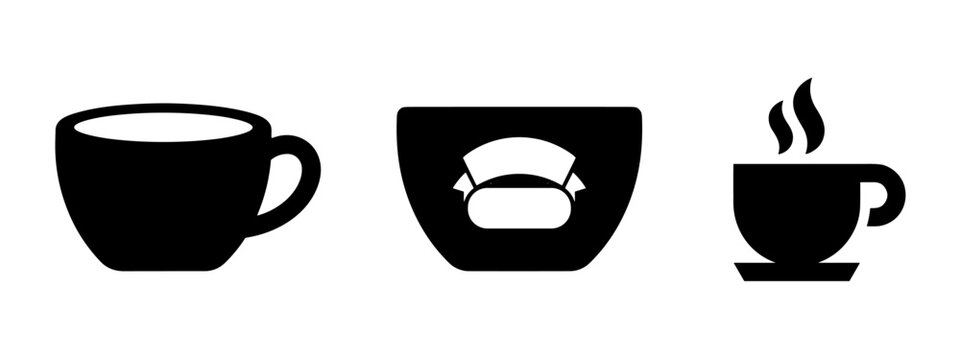 Coffee cups and VR headset silhouettes set, hot drink and virtual reality icons