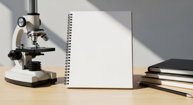 A blank spiral bound notebook sits on a wooden desk with a microscope and stacked books nearby, bathed in soft light and shadow.