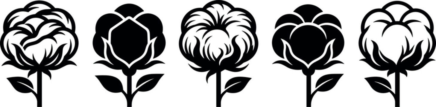 Minimalist black and white cotton flower vector icon set featuring organic boll plant silhouettes for textile brand logos