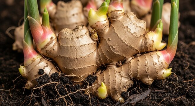 Fresh Ginger Growing in Fertile Soil Tropical Organic Agriculture Photography