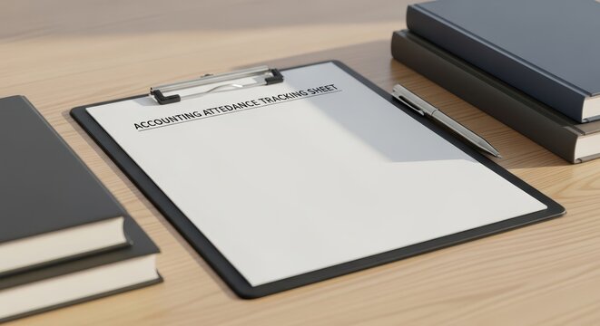 Accounting attendance tracking sheet on a clipboard with a pen on a wooden desk