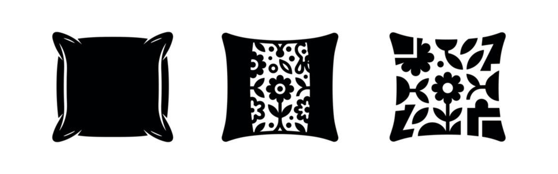 Decorative pillows icons set. Black silhouette of cushions with floral patterns for home decor.