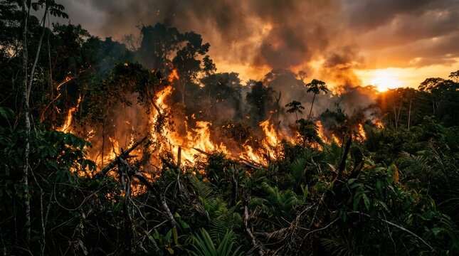Amazon Rainforest Fire at Sunset.