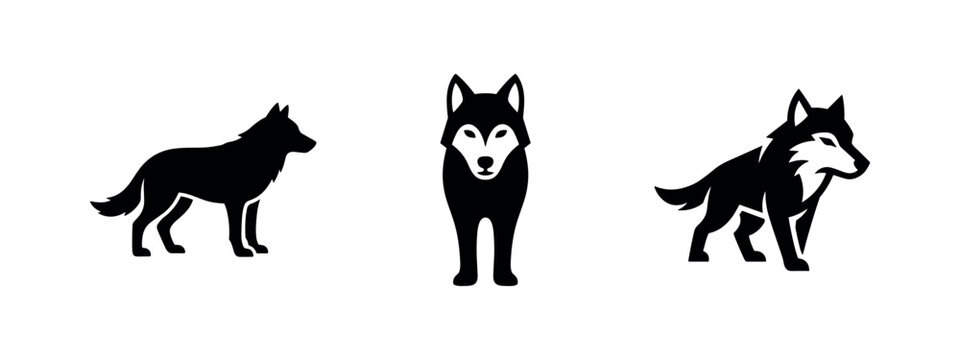 Wolf and husky dog icons set. Black silhouette of wild and domesticated canines symbols.
